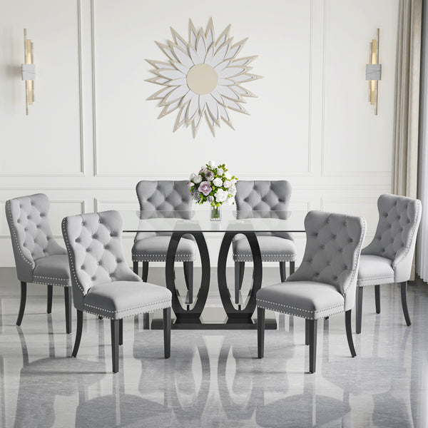 RDT399B Glass Dining Table Set + Grey Velvet Chairs