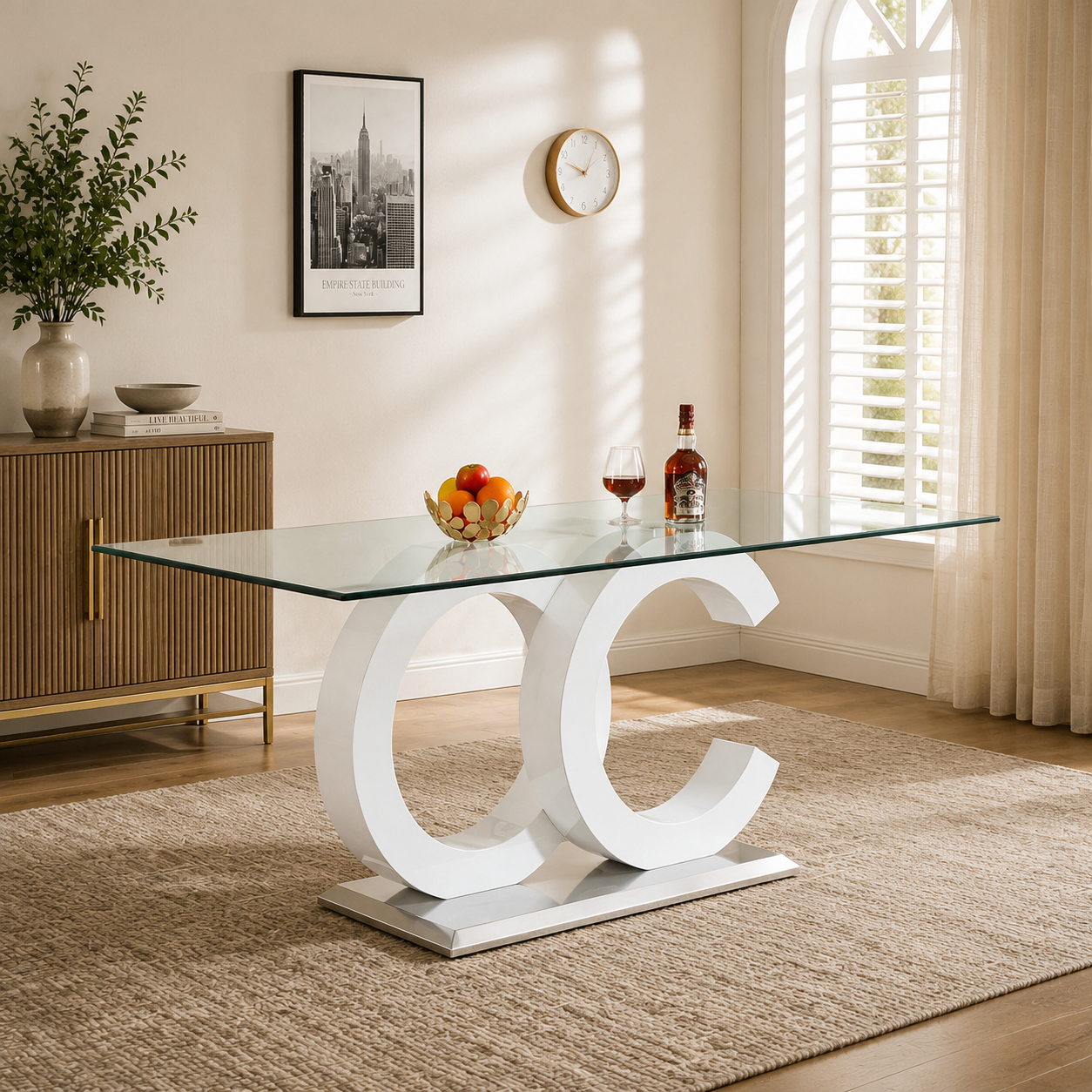 70" Modern Rectangular Glass Dining Table, Seats 6 to 8 – Tempered Glass, Gold Metal Base