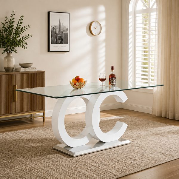 70" Modern Rectangular Glass Dining Table, Seats 6 to 8 – Tempered Glass, Gold Metal Base