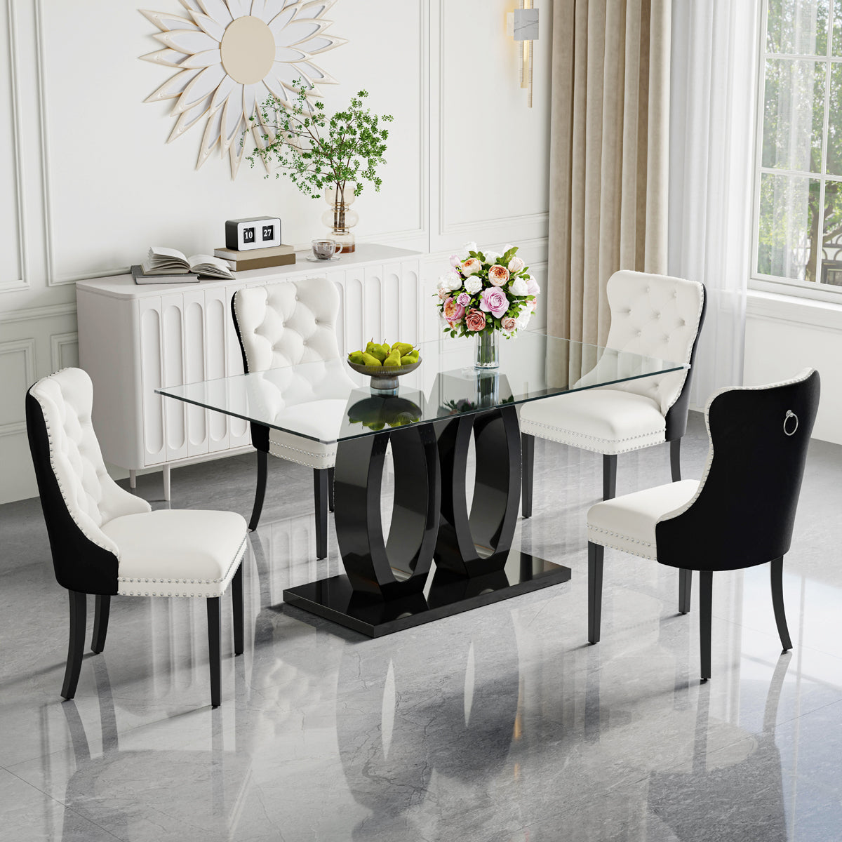 RDT399B Glass Dining Table Set + Black/White Velvet Chairs