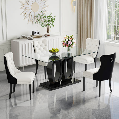 RDT399B Glass Dining Table Set + Black/White Velvet Chairs