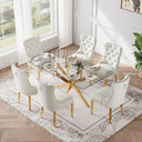 RDT717G 7-Piece Glass Dining Set + 6 White Velvet Chairs (Gold)