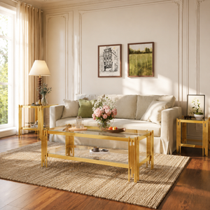 47 Inch Square Clear Glass 3 Piece Living Room Table Set Gold Base - Zemorn