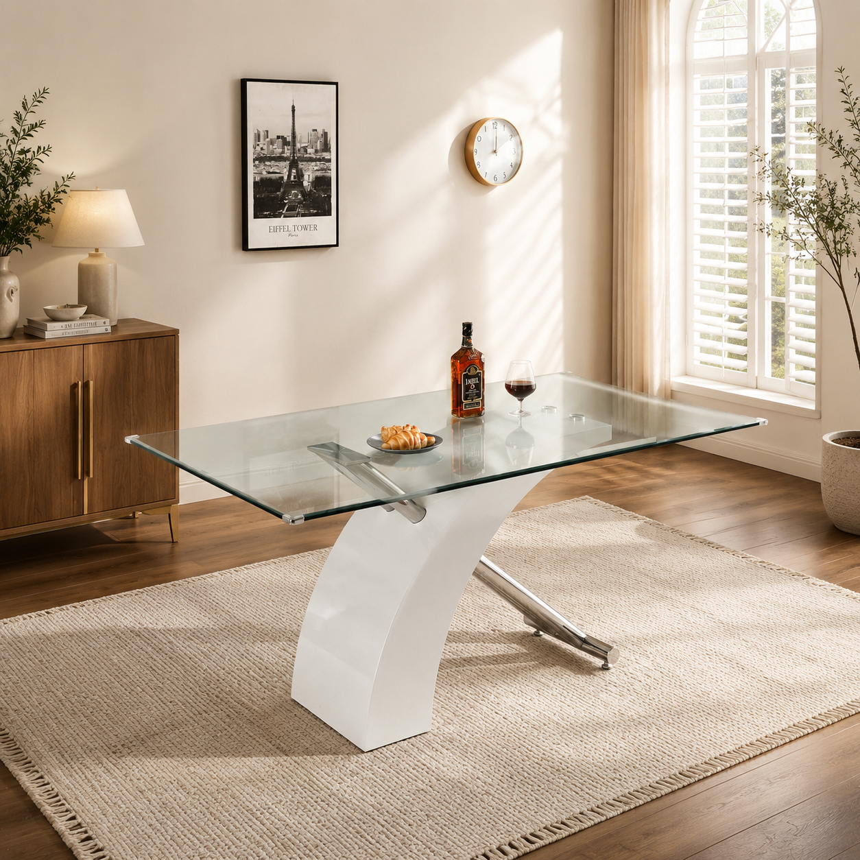 63" Modern Rectangular Glass Dining Table, Seats 6 – Tempered Glass, Silver Metal Base
