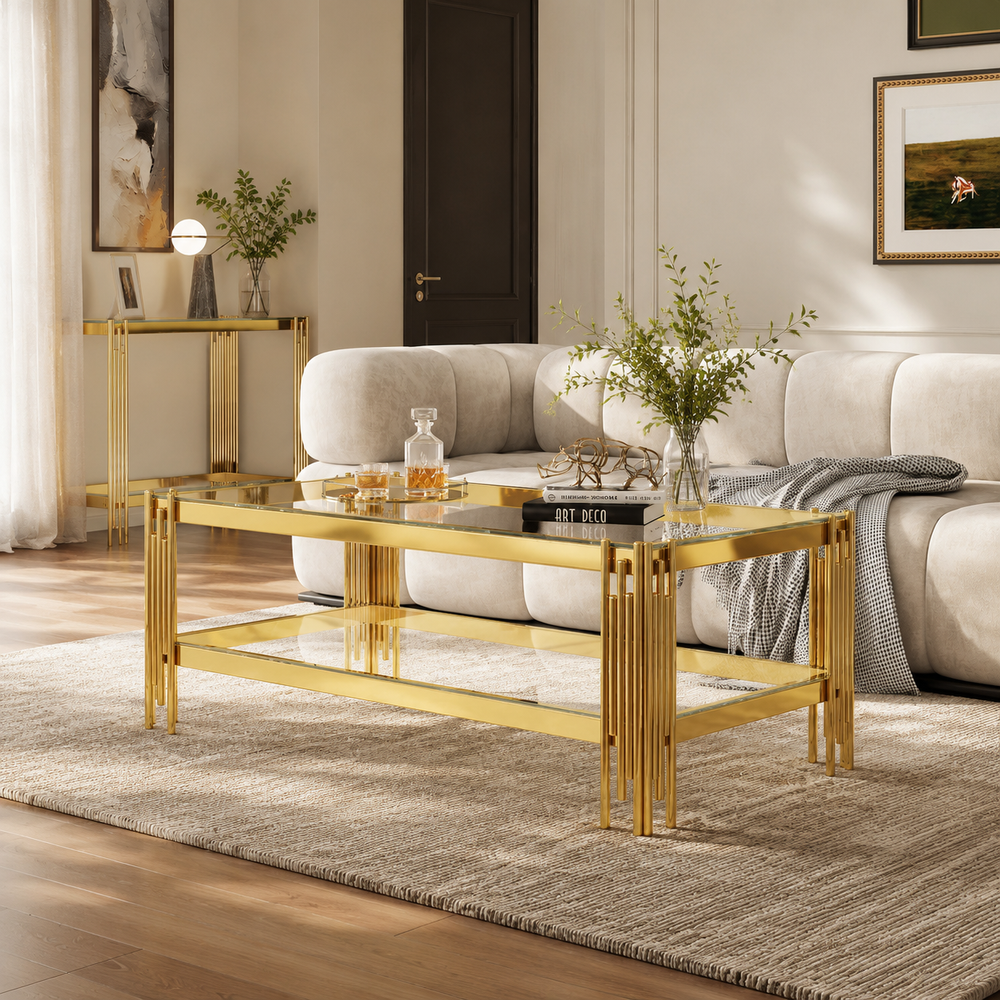 48 Inch Two Tier Glass Coffee Table with Metal Base - Zemorn