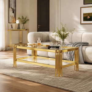 48 Inch Two Tier Glass Coffee Table with Metal Base - Zemorn
