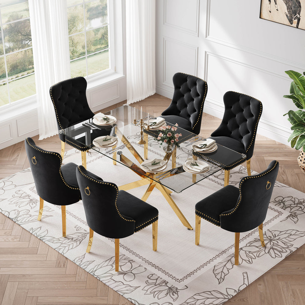 RDT717G 7-Piece Glass Dining Set + 6 Black Velvet Chairs (Gold)