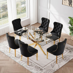 RDT717G 7-Piece Glass Dining Set + 6 Black Velvet Chairs (Gold)