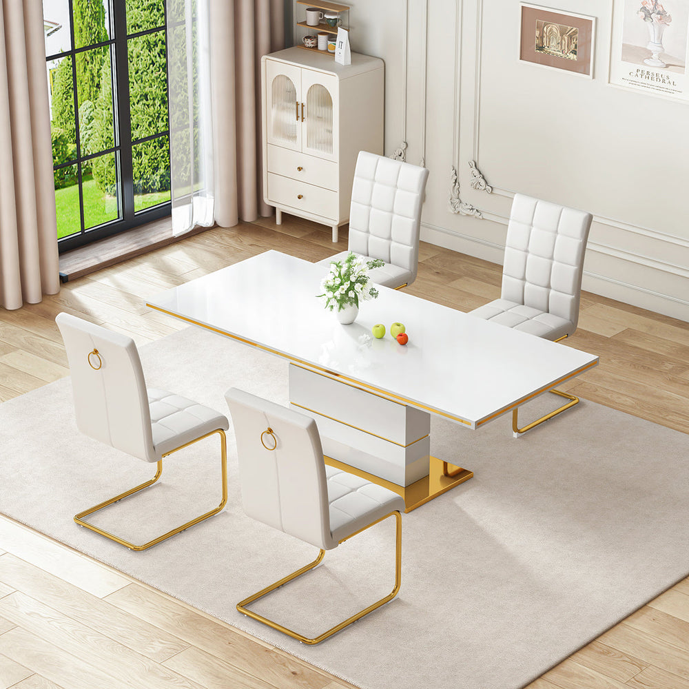 DT0215GW 5-Piece MDF Dining Set + 4 White PU Chairs (Gold)