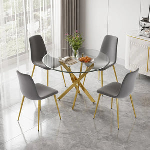 DT666G 5-Piece 36" Glass Dining Set + 4 Grey Velvet Chairs (Gold) ZEMORN