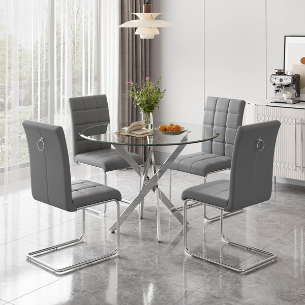 DT666S 5-Piece 36" Glass Dining Set + 4 Grey PU Chairs (Silver) Zemorn