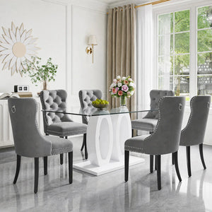 RDT399W Glass Dining Table Set + Grey Velvet Chairs