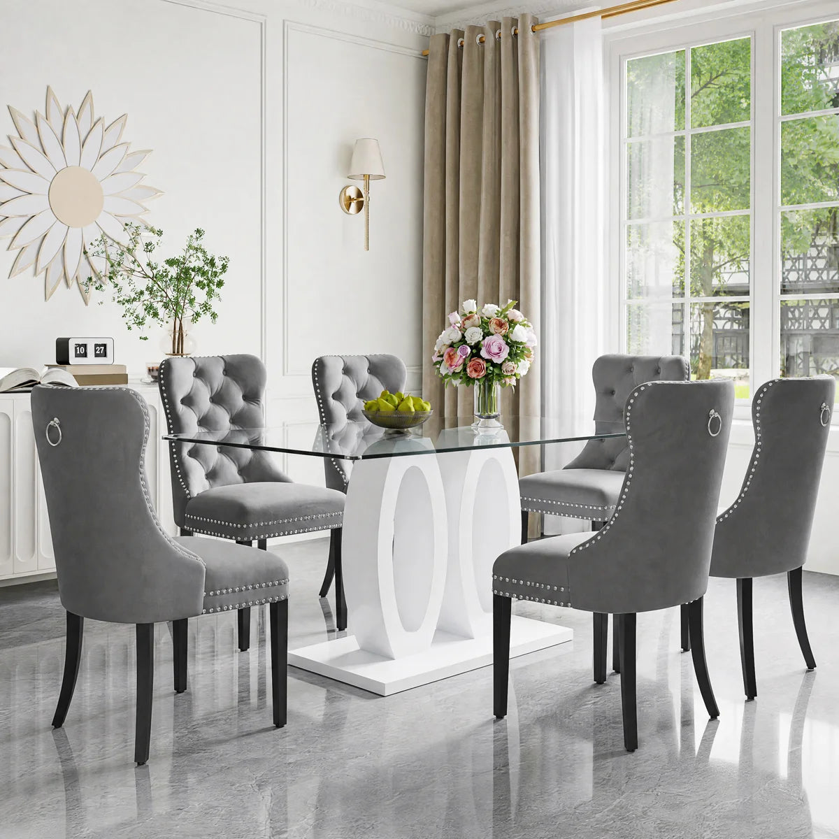 RDT399W Glass Dining Table Set + Grey Velvet Chairs