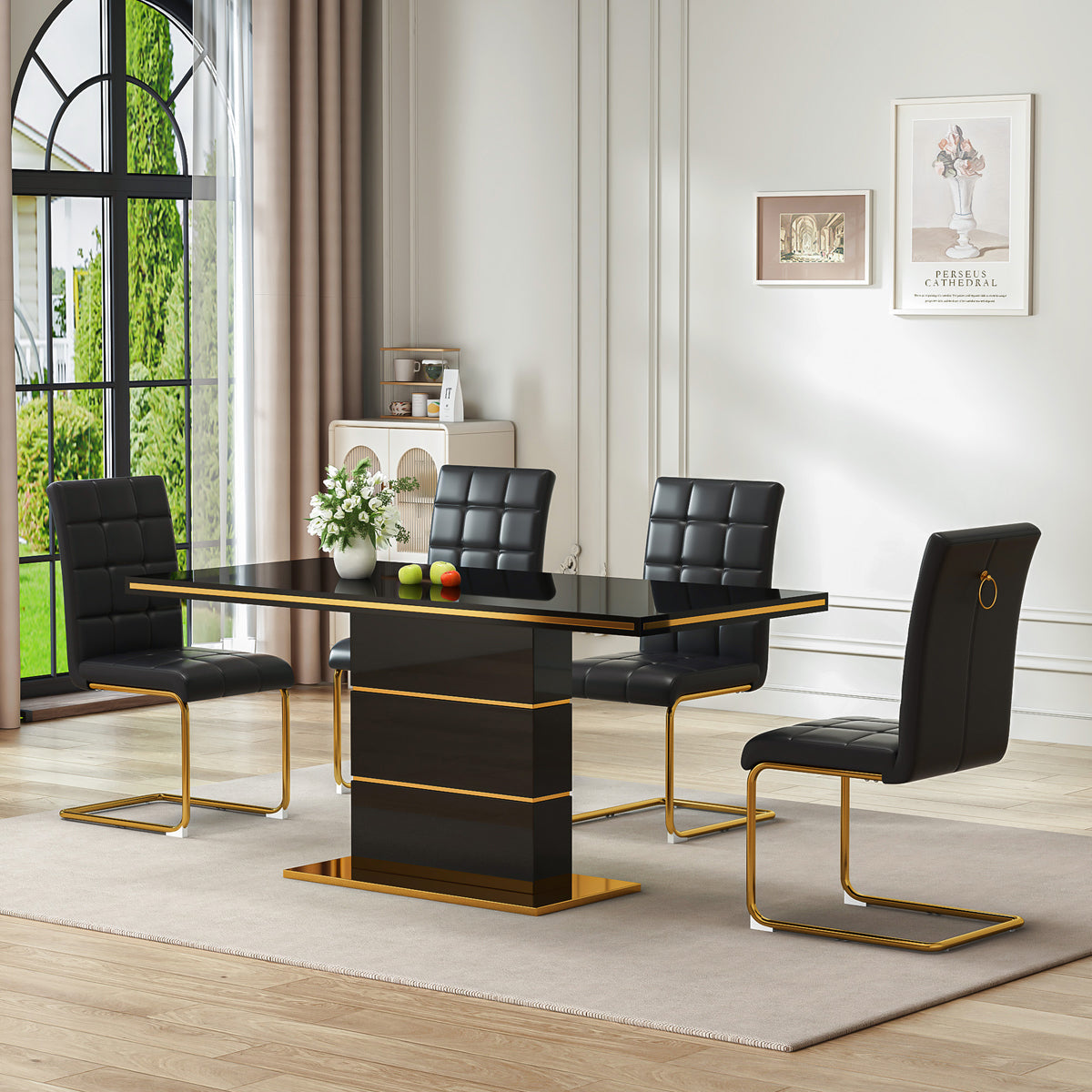 DT0215GB 5-Piece MDF Dining Set + 4 Black PU Chairs (Gold)