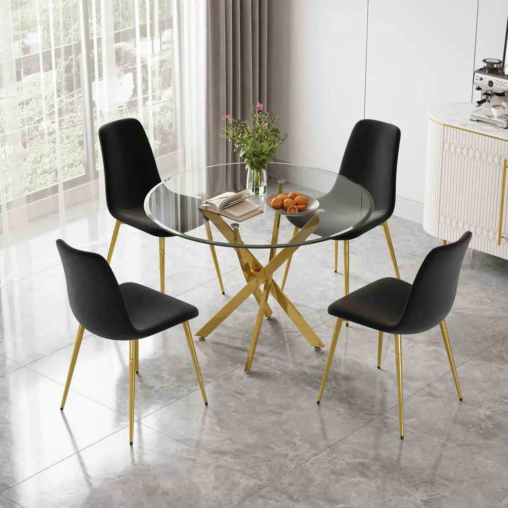DT666G 5-Piece 36" Glass Dining Set + 4 Black Velvet Chairs (Gold) ZEMORN