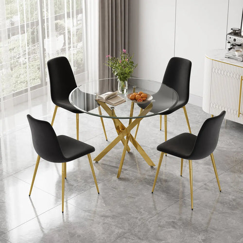 DT666G 5-Piece 36" Glass Dining Set + 4 Black Velvet Chairs (Gold) ZEMORN