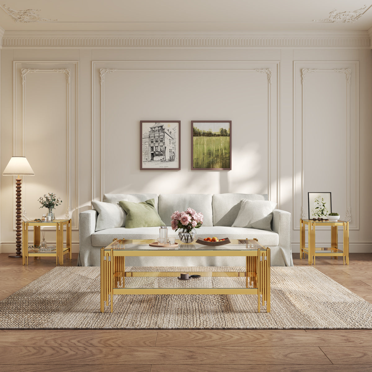 47 Inch Square Clear Glass 3 Piece Living Room Table Set Gold Base in Living Room Decor