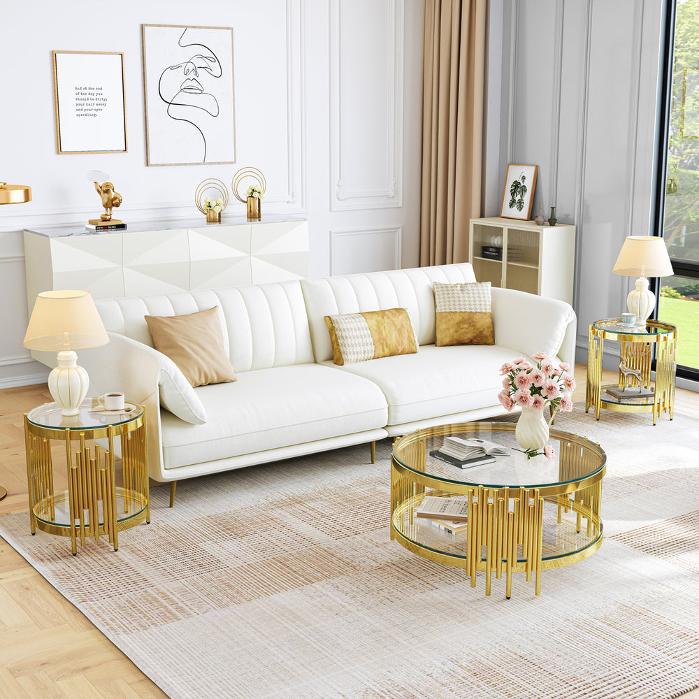 CT038G 3-Piece Glass Coffee & End Table Set - Clear/Gold