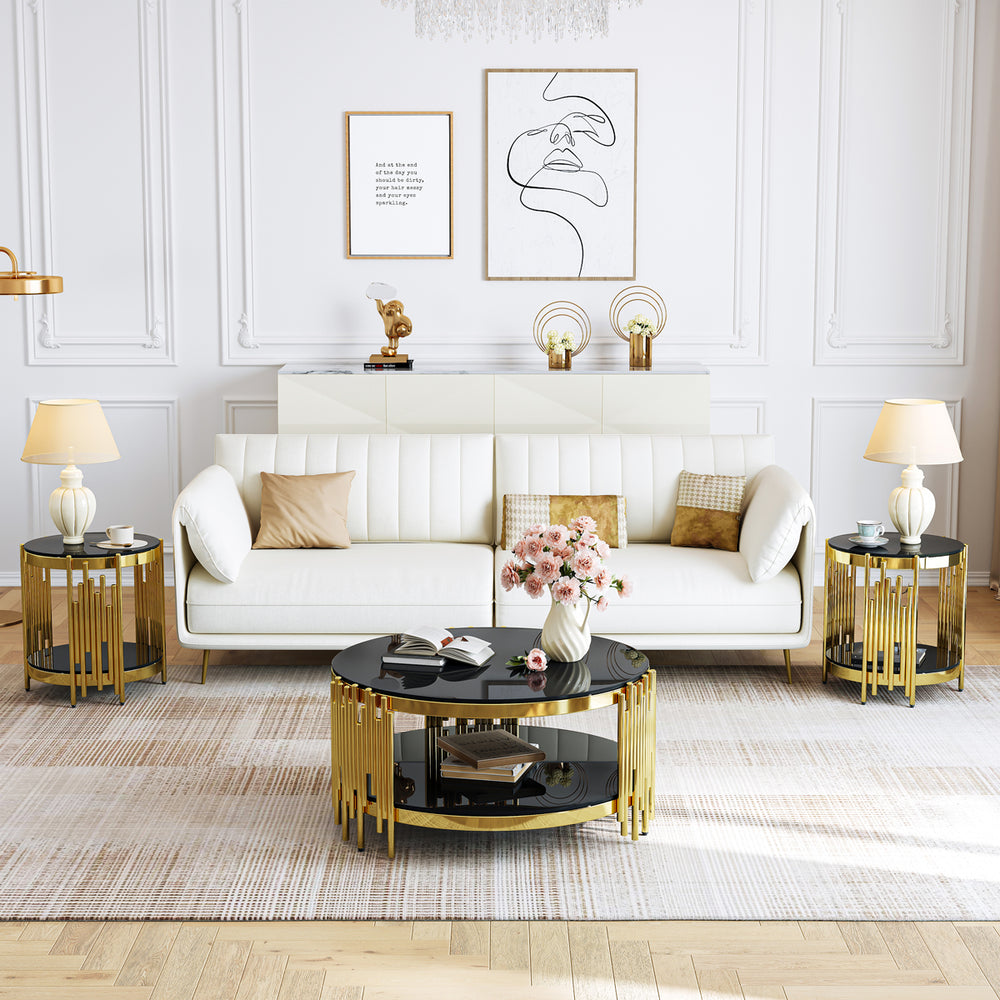 CT038GB 3-Piece Glass Coffee & End Table Set - Black/Gold
