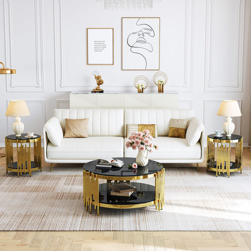 CT038GB 3-Piece Glass Coffee & End Table Set - Black/Gold
