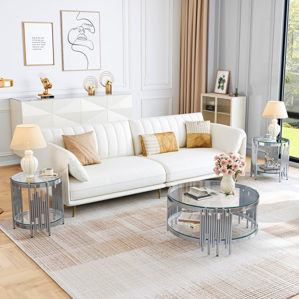 CT038S 3-Piece Glass Coffee & End Table Set - Clear/Silver