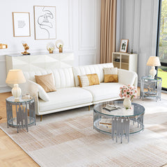 37 Inch Round Clear Glass 3 Piece Living Room Table Set Silver Base - Zemorn