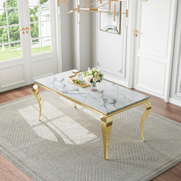 #WHITE/GOLD LuxeWood 70 Inch Glam MDF Dining Table with Curved Metal Legs, Seats 6 8 in Living Room Decor