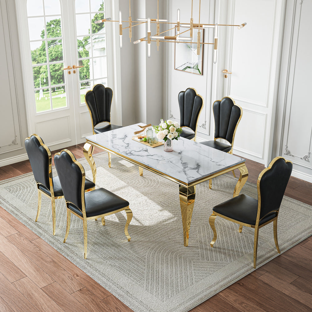 DT022GMW 7-Piece MDF Dining Set + 6 Black PU Chairs (Gold)