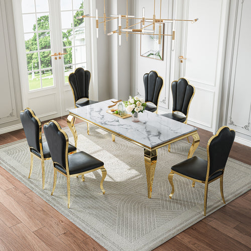 DT022GMW 7-Piece MDF Dining Set + 6 Black PU Chairs (Gold)
