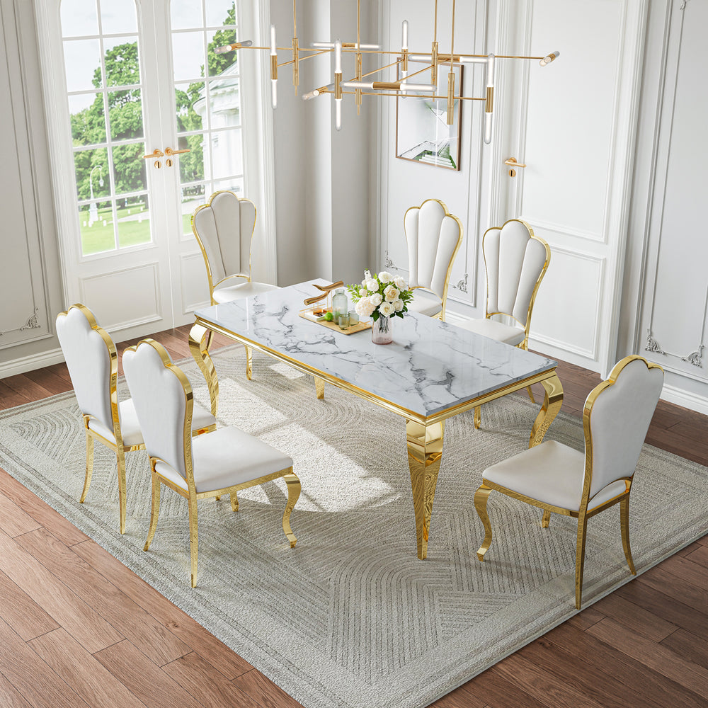 DT022GMW 7-Piece MDF Dining Set + 6 White PU Chairs (Gold)