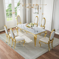 DT022GMW 7-Piece MDF Dining Set + 6 White PU Chairs (Gold)