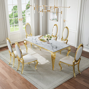 DT022GMW 7-Piece MDF Dining Set + 6 White PU Chairs (Gold)