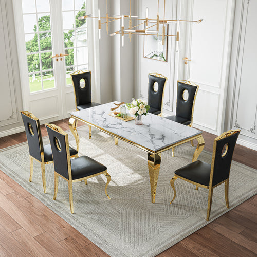 DT022GMW 7-Piece MDF Dining Set + 6 Black Leatherette Chairs (Gold)
