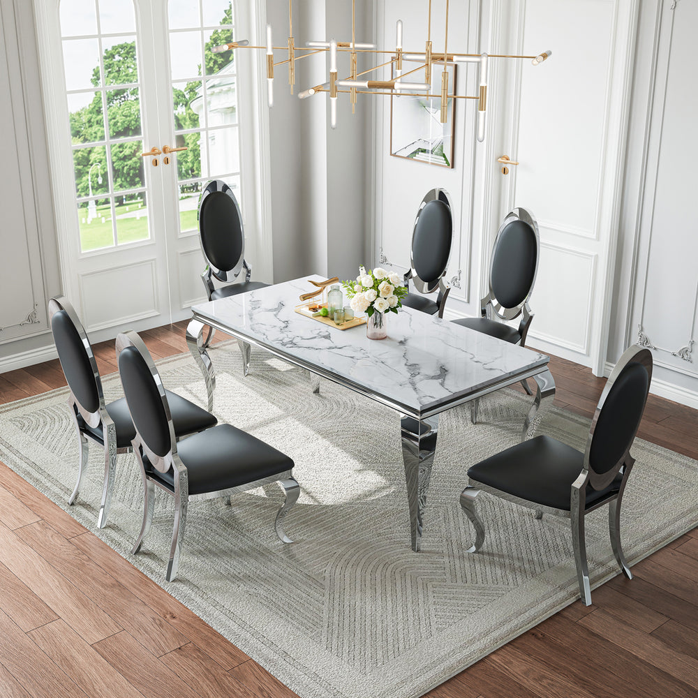 DT022SMW 7-Piece MDF Dining Set + 6 Black PU Chairs (Silver)