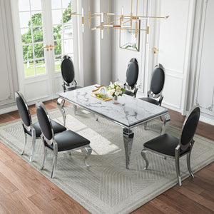 DT022SMW 7-Piece MDF Dining Set + 6 Black PU Chairs (Silver)
