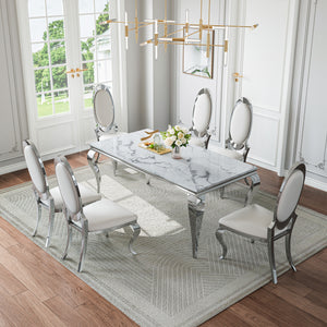 DT022SMW 7-Piece MDF Dining Set + 6 White PU Chairs (Silver)