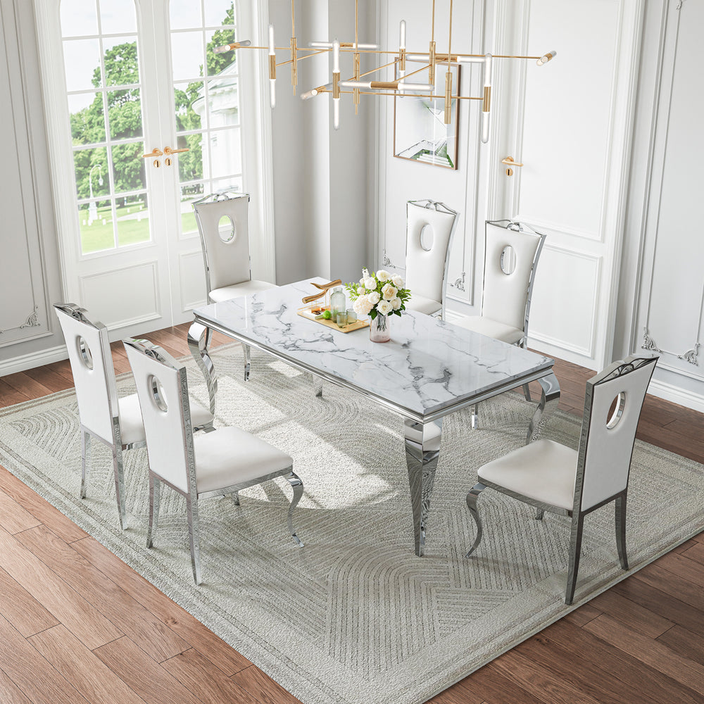 DT022SMW 7-Piece MDF Dining Set + 6 White Leatherette Chairs (Silver)