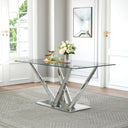 #CLEAR/SILVER Crystal 63 Inch Glass Dining Table with Sculptural V Base, Seats 6 Detail View