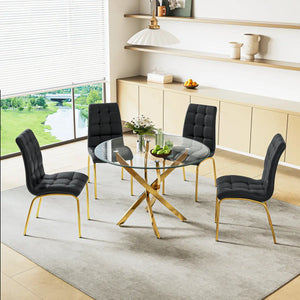 DT666G 5-Piece 36" Glass Dining Set + 4 Black PU Chairs (Gold) ZEMORN