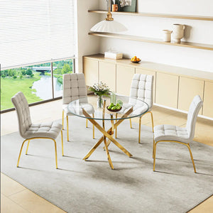 DT666G 5-Piece 36" Glass Dining Set + 4 White PU Chairs (Gold) ZEMORN