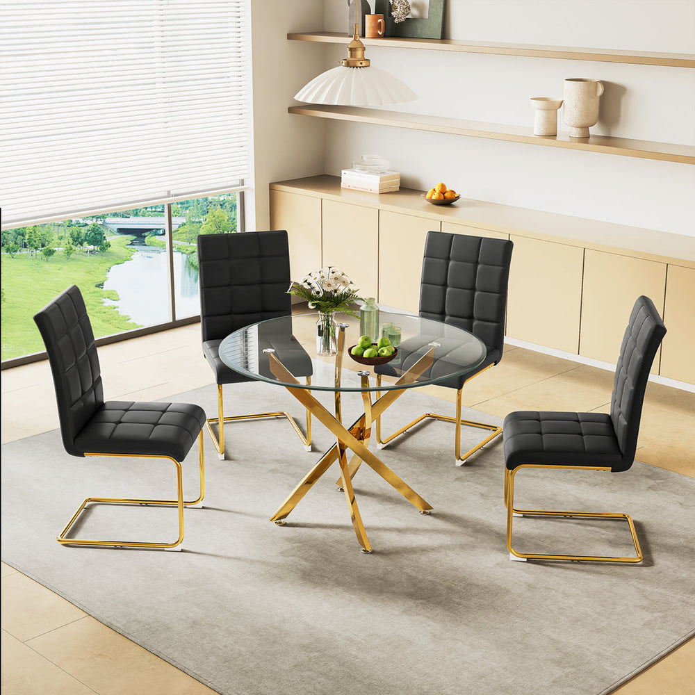 DT666G 5-Piece 36" Glass Dining Set + 4 Black PU Chairs (Gold) ZEMORN