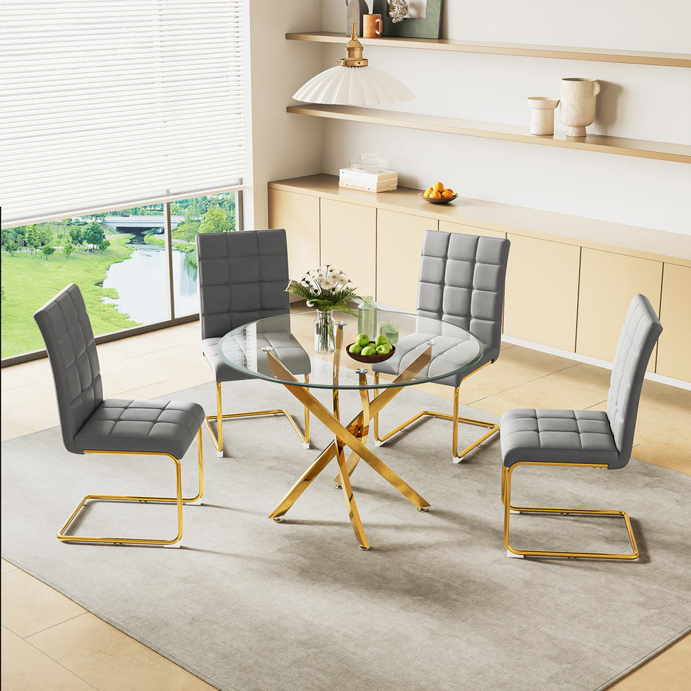DT666G 5-Piece 36" Glass Dining Set + 4 Grey PU Chairs (Gold) ZEMORN