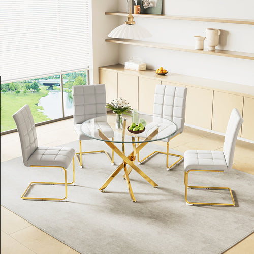 DT666G 5-Piece 36" Glass Dining Set + 4 White PU Chairs (Gold) ZEMORN