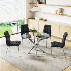 DT666S 5-Piece 36" Glass Dining Set + 4 Black PU Chairs (Silver) Zemorn