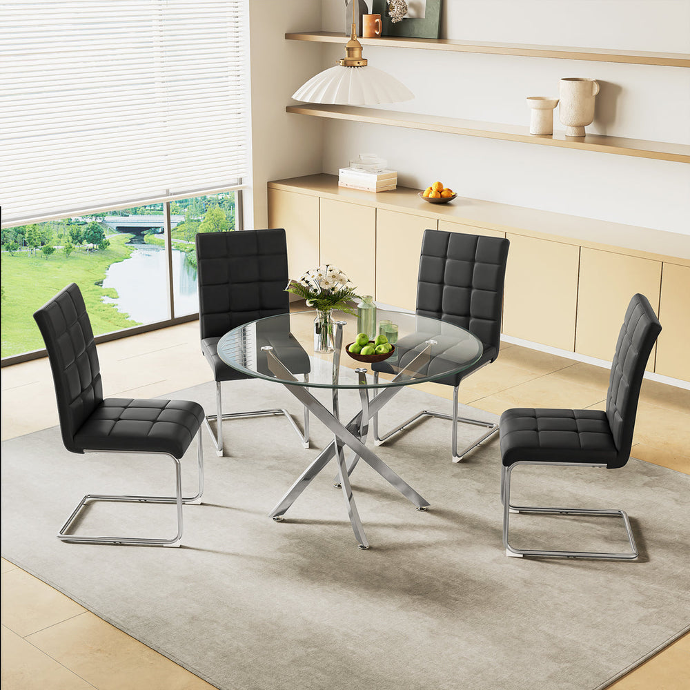 DT666S 5-Piece 36" Glass Dining Set + 4 Black PU Chairs (Silver) Zemorn