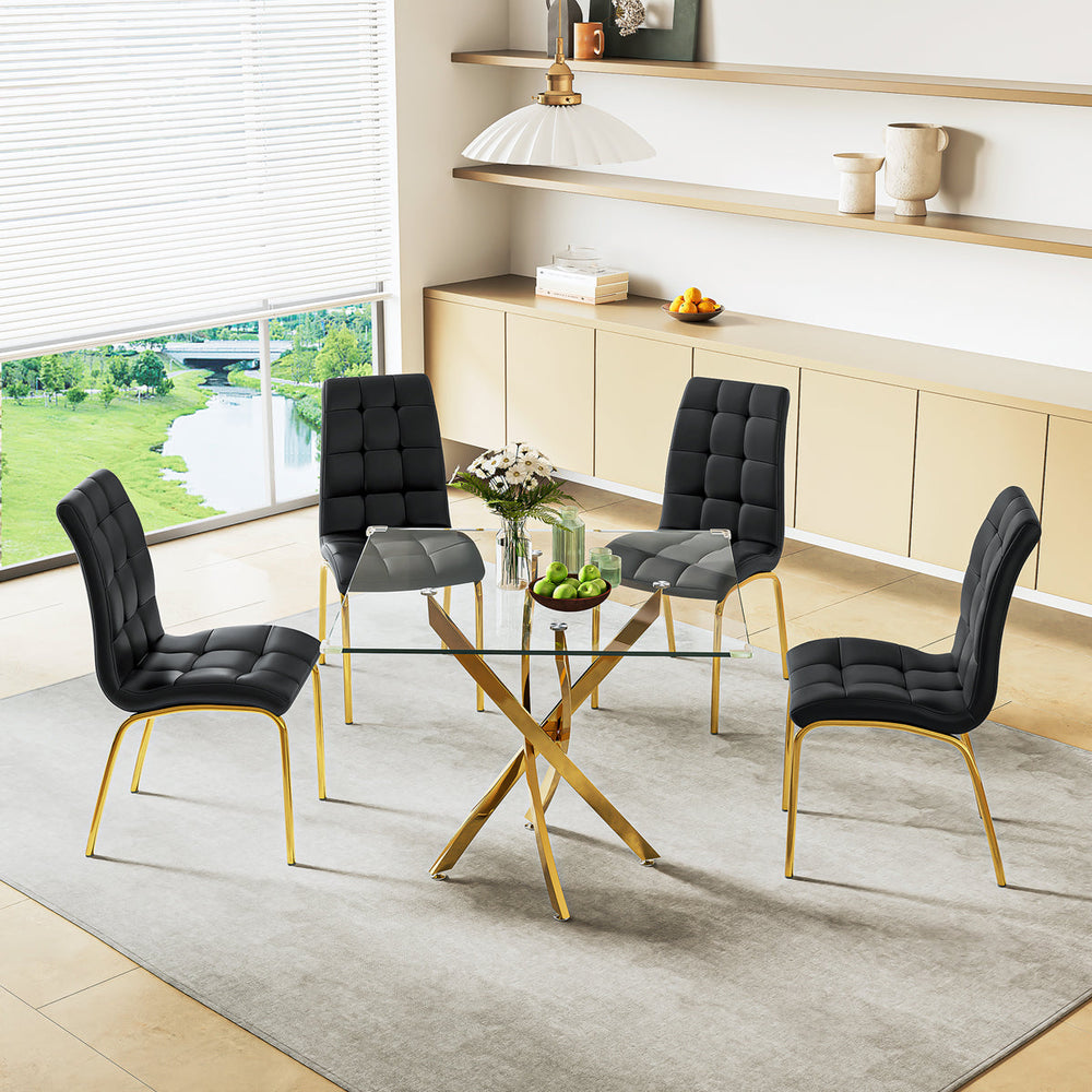 DT668G 5-Piece 42" Glass Dining Set + 4 Black PU Chairs (Gold) ZEMORN