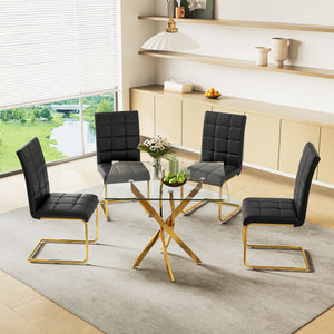 DT668G 5-Piece 42" Glass Dining Set + 4 Grey PU Chairs (Gold) ZEMORN