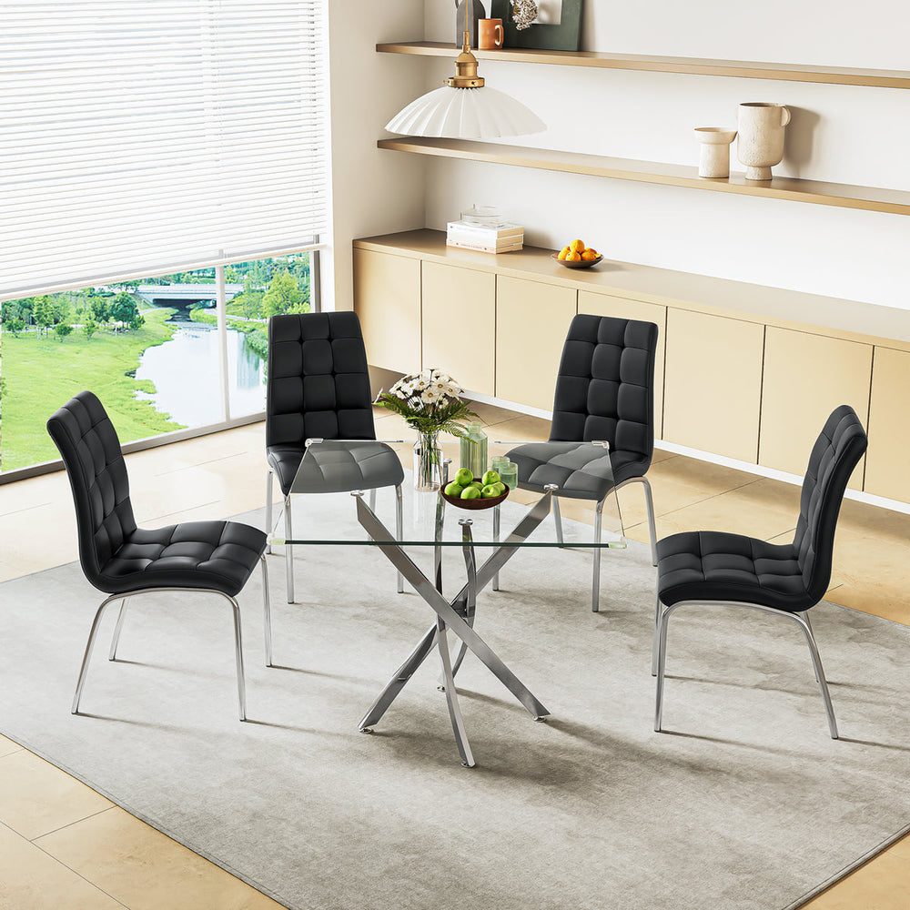 DT668S 5-Piece 42" Glass Dining Set + 4 Black PU Chairs (Silver) ZEMORN