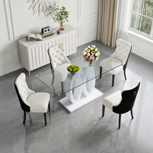 63 Inch White Glass 5 Piece Dining Set with Black and White Velvet Chairs Detail View