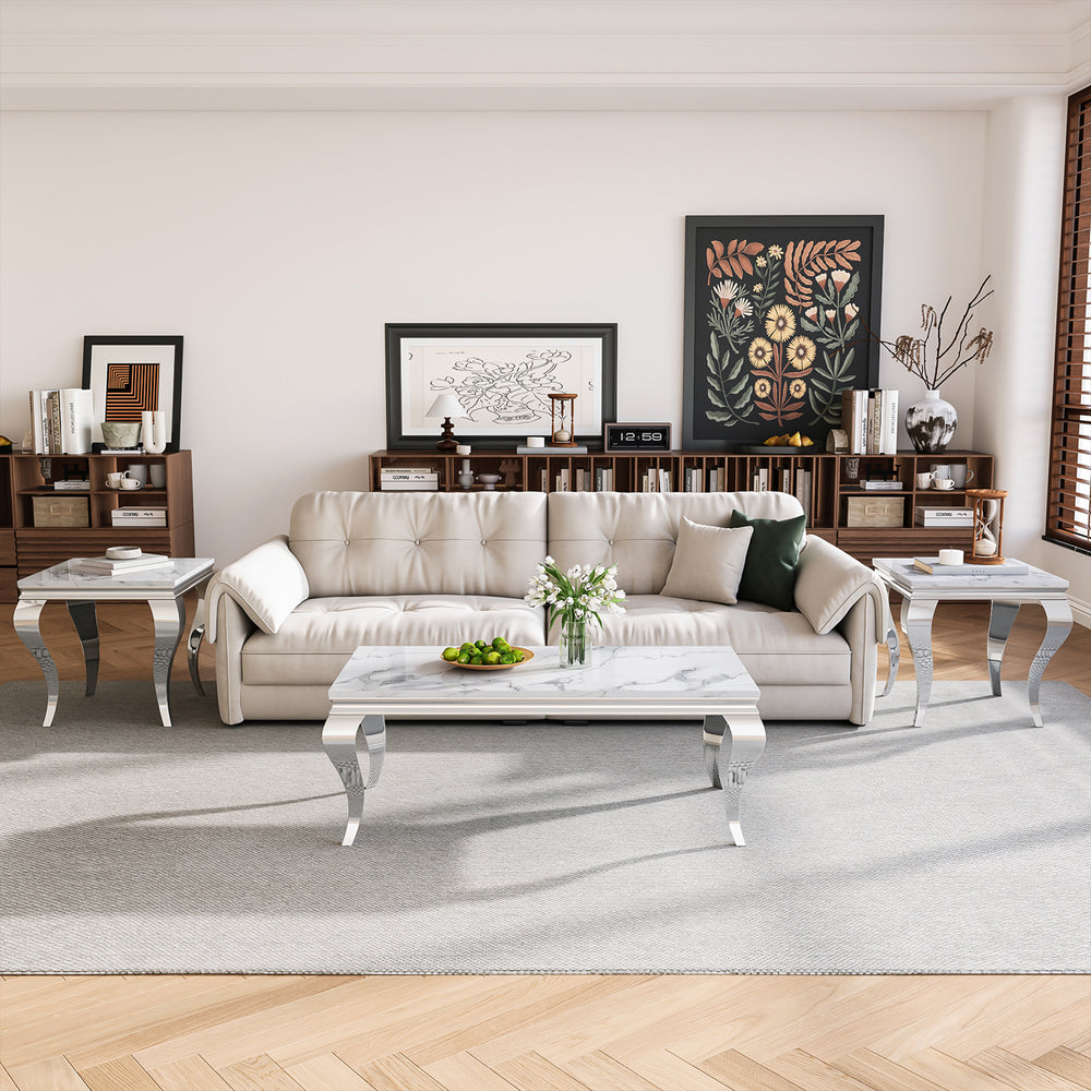 CT022SMW 3-Piece Coffee & End Table Set - White/Silver MDF Metal